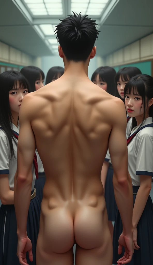 realistic, handsome men, japanese, slender body, slicked back hair, fully nude, complete nudity, rear view, side facing, surrounded by high school girls, exposed rear