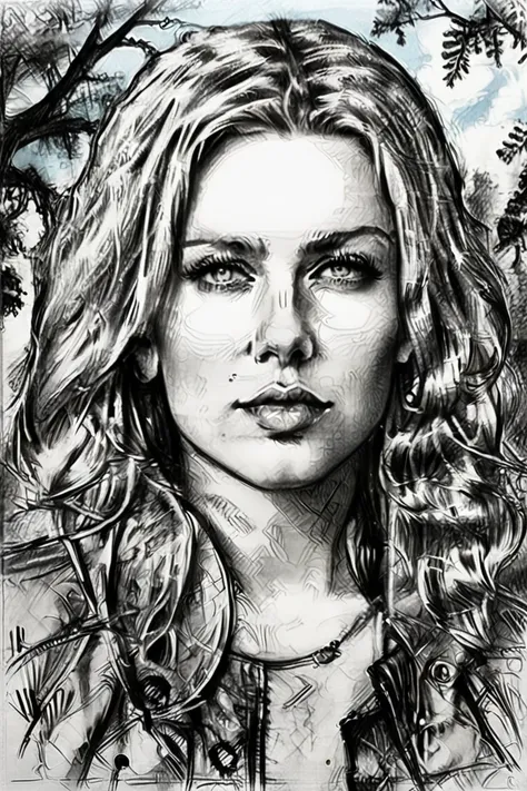 Black & white (sketch:1.5) drawing of(34 years old), (34yo)(curvaceous & voluptuous), (well-endowed), (light tan skin), (blonde, medium-long wavy hair), (light-hazel greenish eyes), (fair skin tone),
  Looking out to the sky in the background or trees, gre...