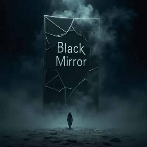 A large Mirror that cracked with a black background post, this glass is positioned in the night sky 
And on it with smoke written Black mirror 