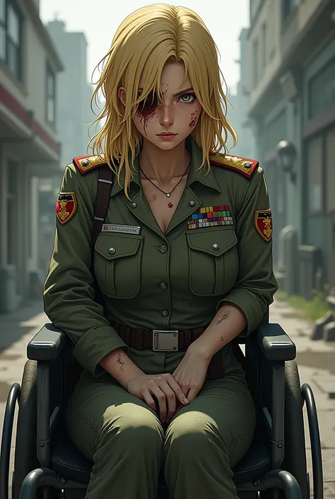 A blonde milf , One-eyed one-eyed ,  in a wheelchair ,  dressed as a decorated soldier,  a melancholic look , loose hair,  about 38 years old, rough appearance, with a lot of scars ,  anime style,  Jojos bizarre adventure style  