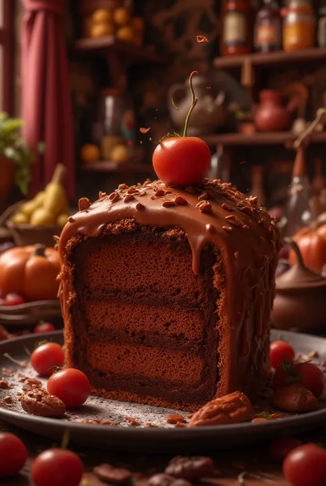  Chocolate Movie Dinner, bolo de chocolate, dark background, quality photo, moist texture, coverage, studio photo, slice,  shallow depth of field , vignette,  very detailed, high budget, bokeh, cinemascope,  melancholic , epic,  awesome, film grain, Granul...