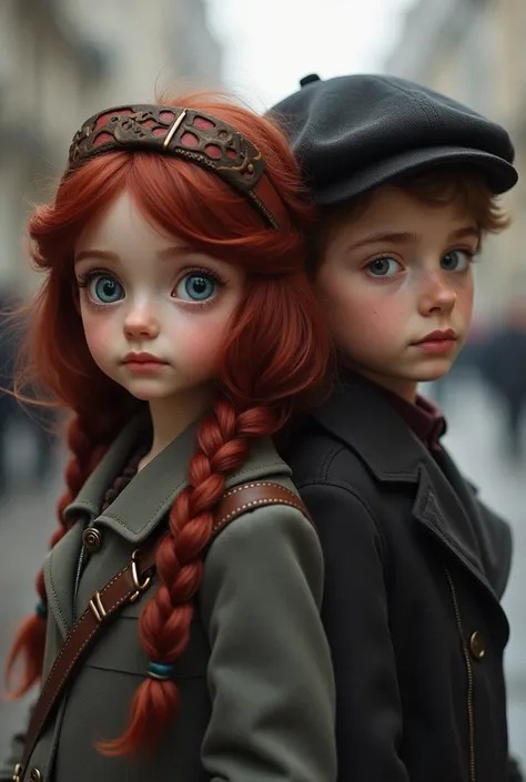 Russian girl with dark red hair with light blue eyes like the loss of Anastasia Romanova, together with a boy similar to Dimitri from real life, the girl is wearing a slightly large jacket, a hat and a bag.