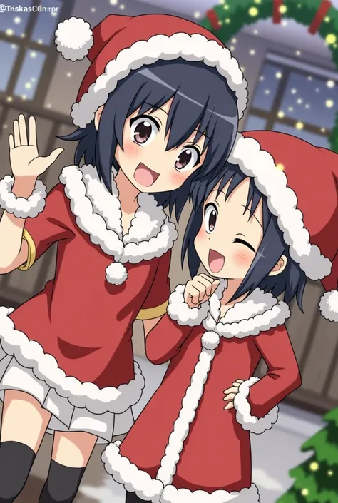 From the anime Konosuba ,  Kazuma and Megumin together wearing Christmas hats.
