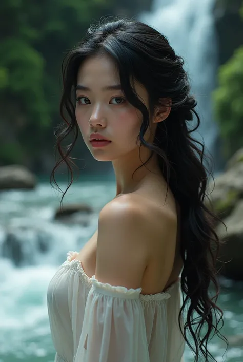 Image of a very real fair-skinned woman with dark and wavy hair on her back at a waterfall