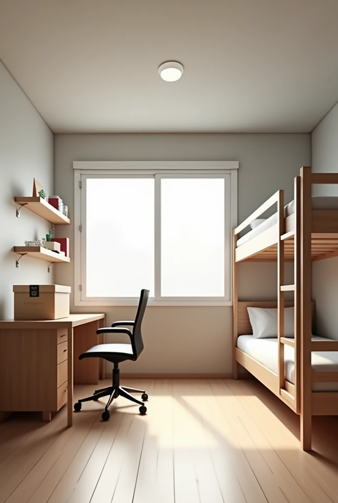  modern Korean dorm desk, chair, Bunk bed, Front view,  delivery box on desk 