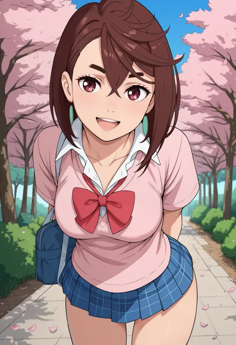 momo ayase, short hair, brown hair, brown eyes, bangs, thick eyebrows, medium breasts, breasts, collarbone, school uniform, collared shirt, white shirt, short sleeves, plaid skirt, open mouth, arms behind back, standing, leaning forward, cowboy shot, cherr...