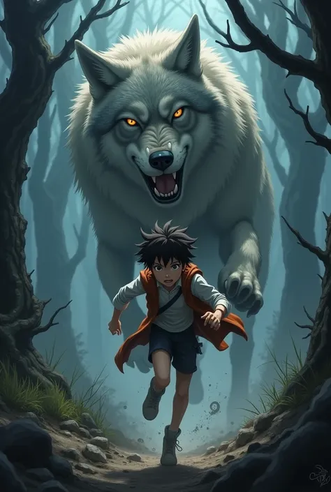 Anime character running from a giant gray wolf.