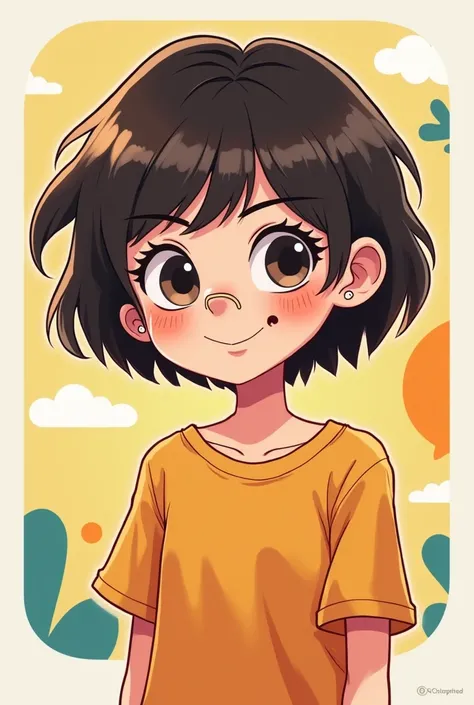 Cartoon of a 15-year-old girl with bangs and short hair with a ring on her nose would be 