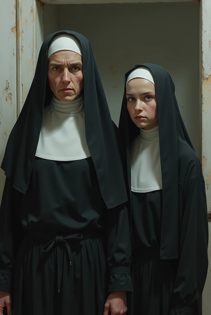 Two young nuns  , a serious 27-year-old with masculine features and wrinkles on her face and another 20-year-old and very delicate nun in a musty white room