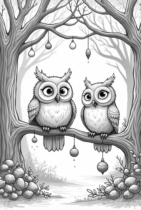  a black and white image of owls in a grove adorned with Christmas lights and ornaments, to be colored by ren in a Christmas themed coloring book 