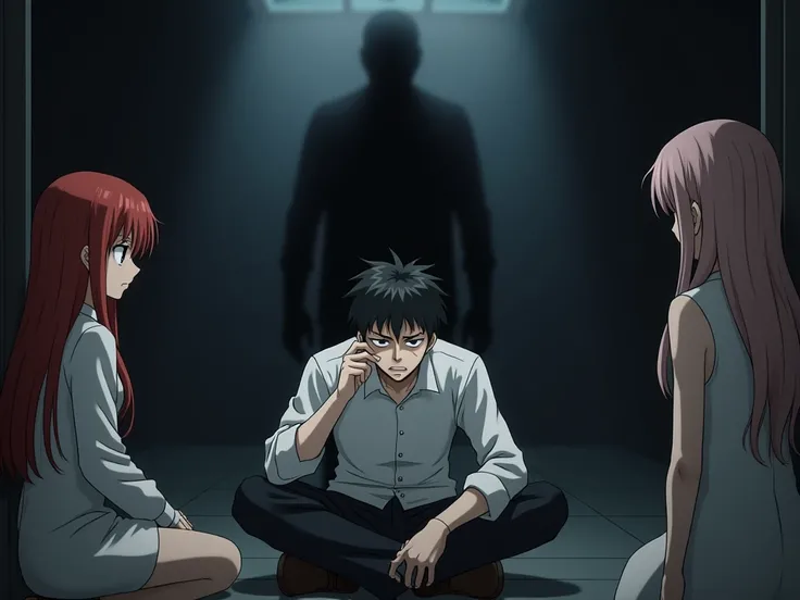 the guy sitting in the center looks down in dismay and is nervous,  from behind the guy climbed at him, anime girls tokisaki Kurumi and Rias Gremory look at him and echidently get laid