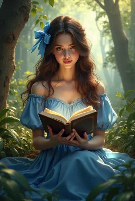  Make a  with dark brown wavy hair with a certain part tied with a blue ribbon and another part loose, and put on her a blue dress , She has a book and is in an enchanted forest  