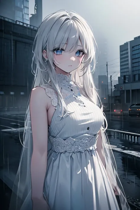 a girl with a melancholic expression, beautiful detailed eyes, beautiful detailed lips, extremely detailed face, longeyelashes, sad and lonely, wearing a white dress, standing in a desolate and grey urban environment, rain falling, gloomy cloudy sky, dark ...