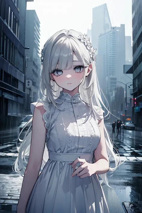 a girl with a melancholic expression, beautiful detailed eyes, beautiful detailed lips, extremely detailed face, longeyelashes, sad and lonely, wearing a white dress, standing in a desolate and grey urban environment, rain falling, gloomy cloudy sky, dark ...