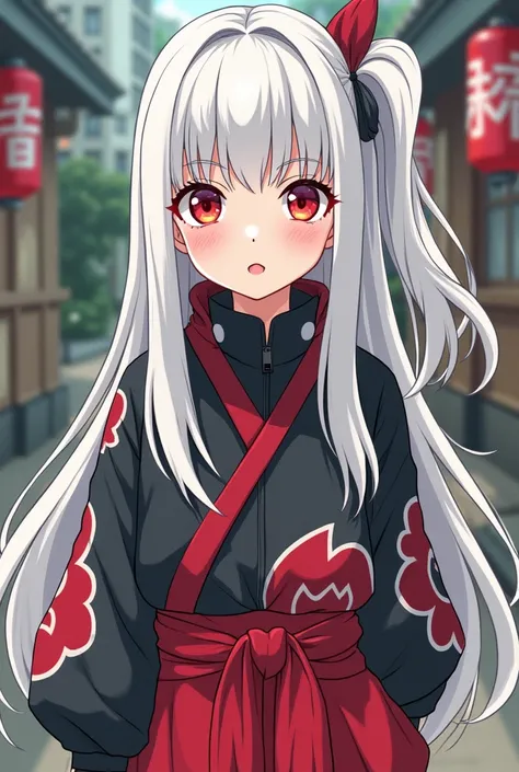 Classic Naruto, girl,  vibrant and small red eyes, light skin,  long straight white hair outfit with bangs , Y2k , 2000s, Manga style Naruto style and manga