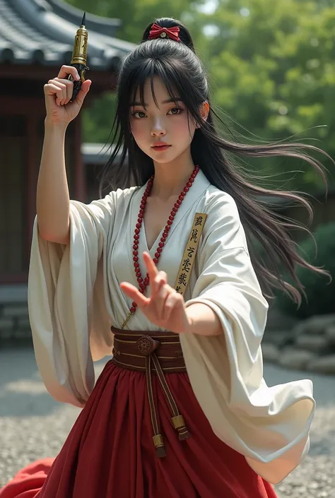 (photorealism:1.2), beautiful woman, saiyuki sanzo, warrior monk, wearing a whote robe over a red skirt, wearing Buddhist scripture over shoulders, Buddhist monk bead necklace, long hair, soft lighting, realistic, intricate details. Zen garden background. ...