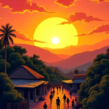  Create in comic format  ,   where you can see a new sunrise over an indigenous palenque (It is from the island of Santo Domingo  ,   so its in the mountains and its very rural  ),   symbolizing a free future for them  .   The image that is wide  , wider t...