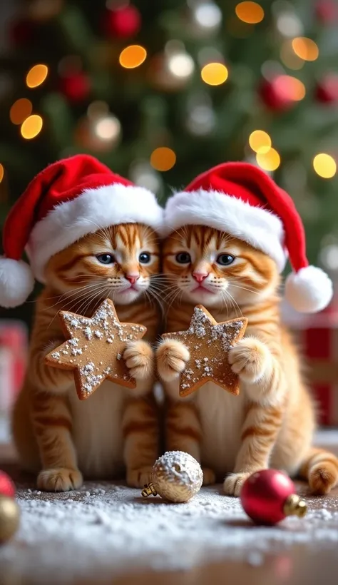 "Two adorable ginger kittens wearing Santa hats, sitting together in a cozy Christmas setting. Both are holding gingerbread cookies shaped like stars, surrounded by powdered sugar, Christmas ornaments, and warm festive lighting. The background features sof...