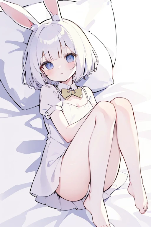 full bodyesbian,  rabbit girl, rabbit ears, cute, silly aspect, innocent face, white short hair,, simple short dress, barefoot,, bed, plushies (((white theme))) 