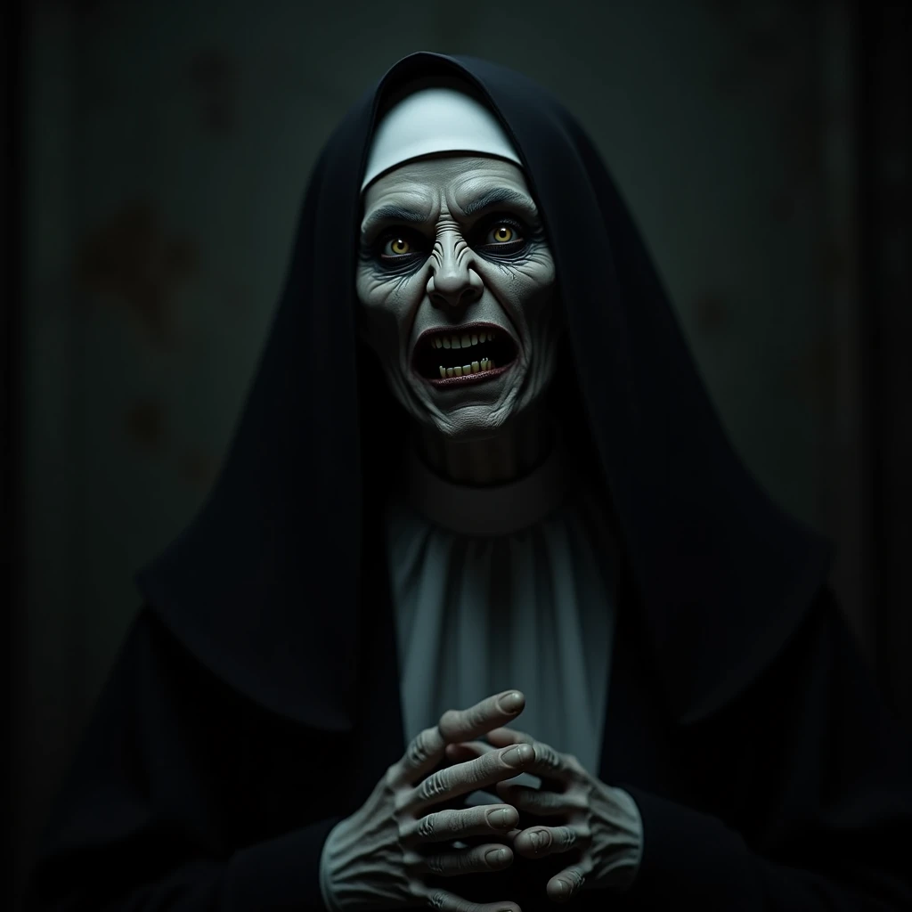 Sinister nun with a creepy face and dark background 