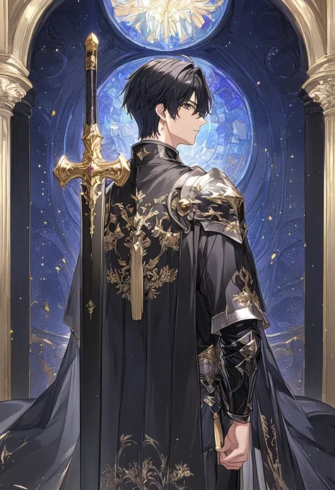 masterpiece、 top quality、 very detailed、male、（ detailed facial depiction :1.3）、28 years old、 masculine look、square face、 No Emotion、 black hair、Short Hair、Shiny Hair、knight、 fantasy standing in a church、 black armor、 with a sword、 Looking Back、（ see here:1...