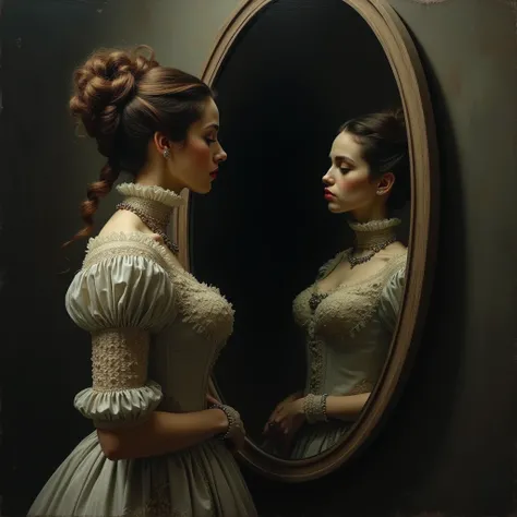  A surreal portrait of an elegant woman  ,  period dress ,  looking in a mirror .  Instead of the reflection of your face  ,   a huge black hole appears and consumes her face  .  The image is dominated by dark tones  , You can see 3  /  4 of the woman outs...