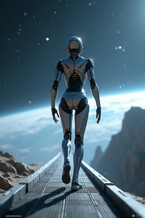 A futuristic robot from the front walking on a walkway in space 