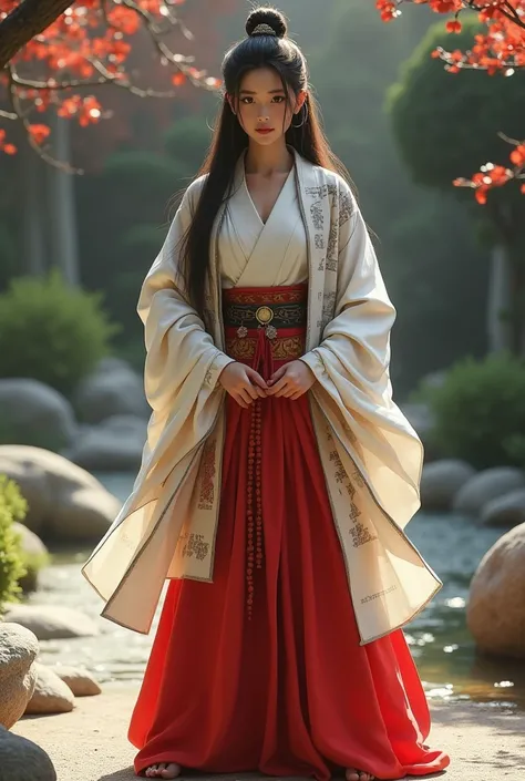 (photorealism:1.2), beautiful woman, saiyuki sanzo, warrior monk, wearing a whote robe over a red skirt, wearing Buddhist scripture over shoulders, Buddhist monk bead necklace, long hair, soft lighting, realistic, intricate details. Zen garden background. ...