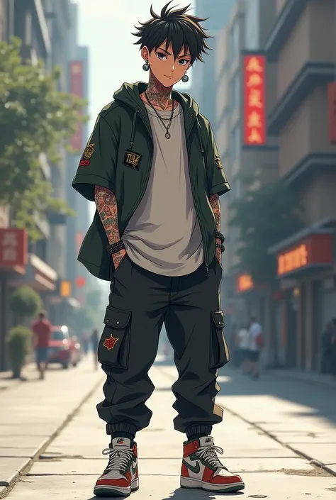 handsome boy with cargo pants overzise shirt Nike shoes with earrings and anime tattoos