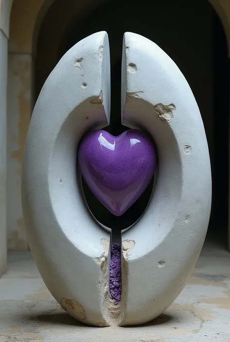 Create a round stone without a heart , On the ground divided in half and in the center of it a heart like a half-deformed purple deposit