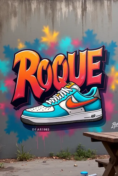 Graffiti with the name of Roque and Nike Air Forcé One tennis drawing and date 1985