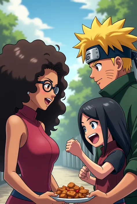 A ninja family , a single father , two daughters.
 Theyre fighting to see which of the 3, Go eat the food .
 A Brazilian woman , white,  with long curly voluminous brown hair,  woman,  herself wearing glasses, 20 years, com corpo volumoso e seios bigs,  dr...