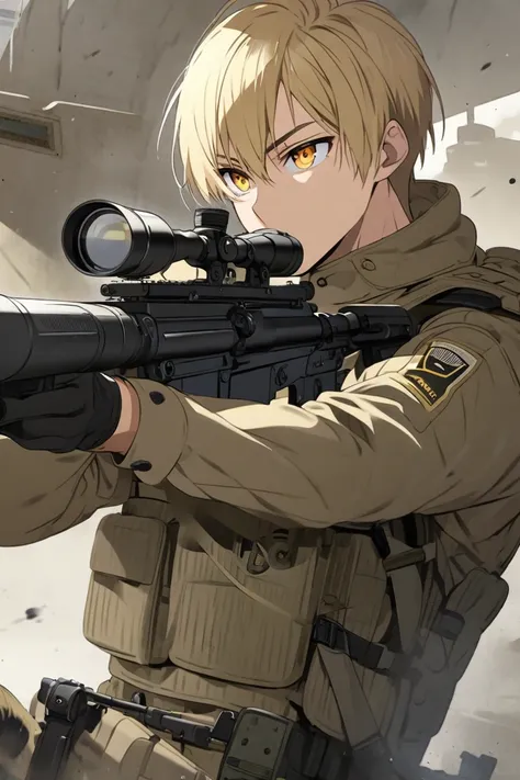 blond, man, short hair, military, golden eyes, sniper