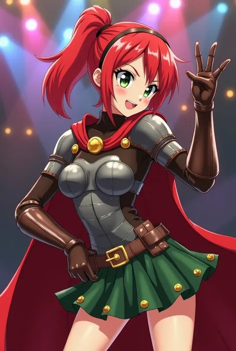 Anime art of a young woman with red hair in a ponytail. She has green eyes and is wearing studded leather armor, brown gloves, and a red cape. She has a green tunic skirt and brown boots. She is dancing with moves akin to Micheal Jackson. The background is...