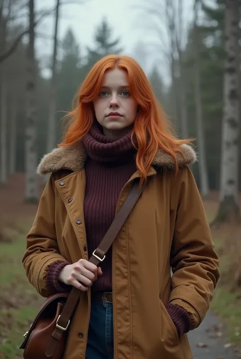 Make a realistic girl with dark orange hair who wears a somewhat large jacket ,  bag and a boy with brown hair accompanies her both 18 years old and Russians who are also in a ruined Romanov imperial house