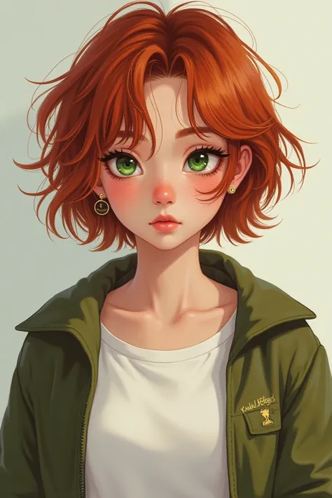  Create a 17-year-old girl ,  in the form of semi-realism , she is redhead,  With short hair,  running just a little over the ear ,  and also messy , ela tem olhos verdes,  white skin and some freckles ,  she wears a white cropped and a moss green jacket o...