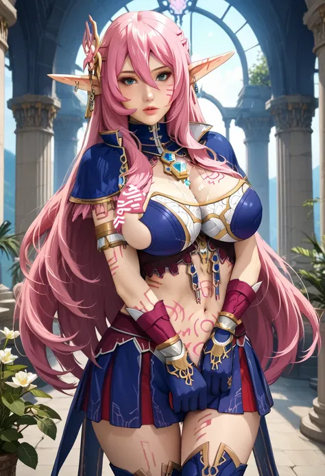 UHD semi-realistic 3D render, UHD 64K definitive remaster, definitive, main subject is: MLMyuri, bangs, huge breasts, naked breasts out, elf, long hair, pointy ears, tsurime, pink hair, intricate-detailed strands of hair, large pretty-beautiful eyes, deep-...