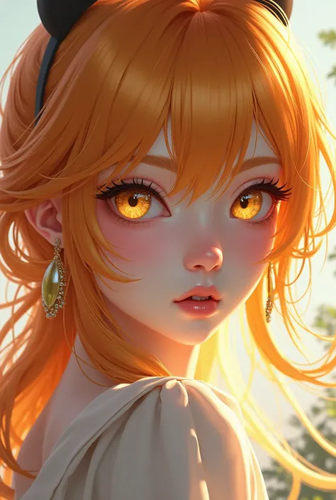 (( best quality )), ((  masterpiece )), (detailed), Woman with light orange hair big and smooth, yellow eyes, clean and smooth skin , (Inspired by Artgerm:1.2), ( winner of the pixiv :1.1), (senna de league of legends:1.1), ( tatsumaki with smooth and larg...