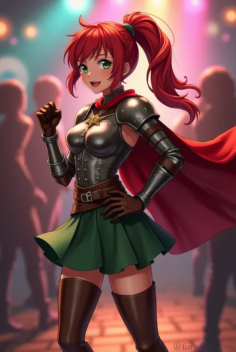 Anime art of a young woman with red hair in a ponytail. She has green eyes and is wearing studded leather armor, brown gloves, and a red cape. She has a green tunic skirt and brown boots. She is dancing with moves akin to Micheal Jackson. The background is...