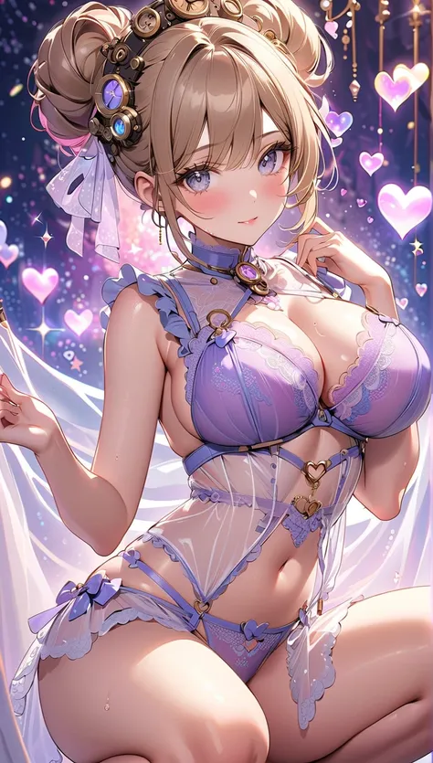 squat、Light brown hair 、shame、Steampunk.sweat、vapor、Gross、nsfw.  Detailed Beautiful Faces and Eyes  ，(  gray eyes )(  viewers)(Big Breasts)  "    (  hair up style  )  short hair,  Decorated with sparkling hearts  、translucent ,  bright delicate embroidered...