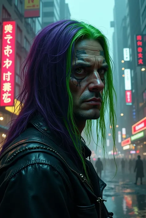 cyberpunk. man, late 40s. thin long hair down to his neck, coloured green on the left and purple on the right. slimy face. wicked. evil. deep shadows around the eyes. tattoos. piercings. 