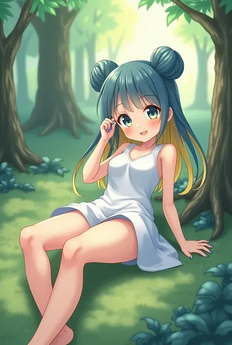 Picture of an adolescent anime girl face type A round cute girl, have 2 tannin buns, hair color be mixed, blue and yellow. Let him wear a dress, let his body be full and his lower body should be visible because the dress is thin. Let her take off her shoes...