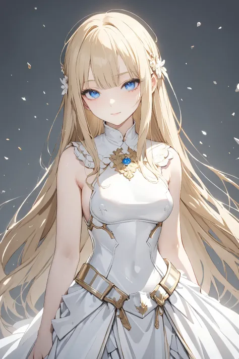 (gray background:1.3), No wind, character sprite, Break, 
1 girl, (elegant face), cute, Confident Look, light smile, 20 years old, 170 cm tall,, Standing, feet out of frame, blonde hair, hime cut, blue eyes, (medium breasts:1.2), slim, white elegant mini d...