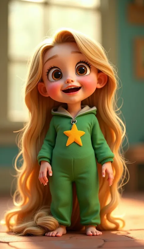 Disney Pixar-style character Rapunzel baby with a green jumpsuit with a yellow star  , That this standing full body  