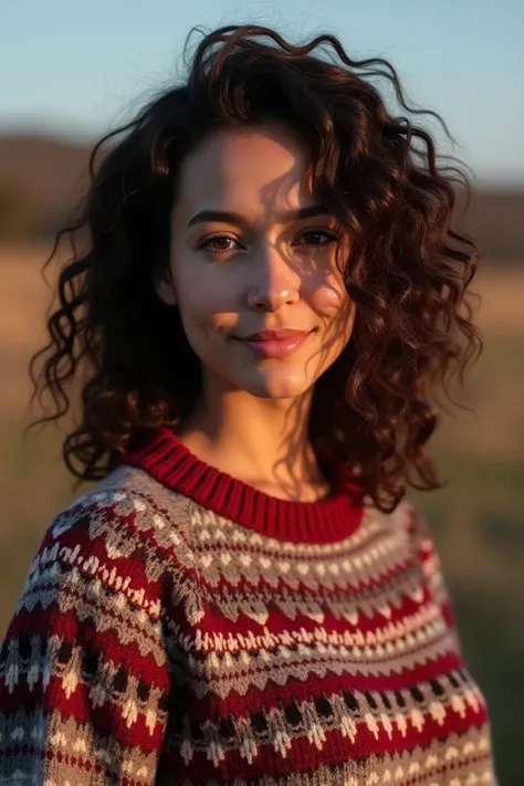  Curly haired brunette with black eyes ,with Christmas sweater ,  background level landscape 