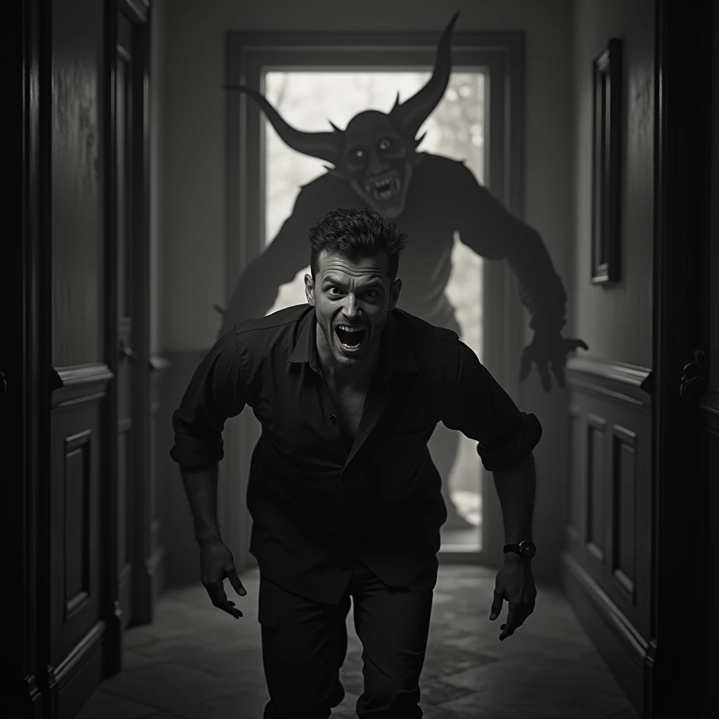 ((B&W Closeup view photo of a man running in terror from an unseen and partially blurred out slim creature with large bulging eyes and a massive oversized gaping open mouth chasing him from behind in an old abandoned mansion)), ((night)), ((during a night ...