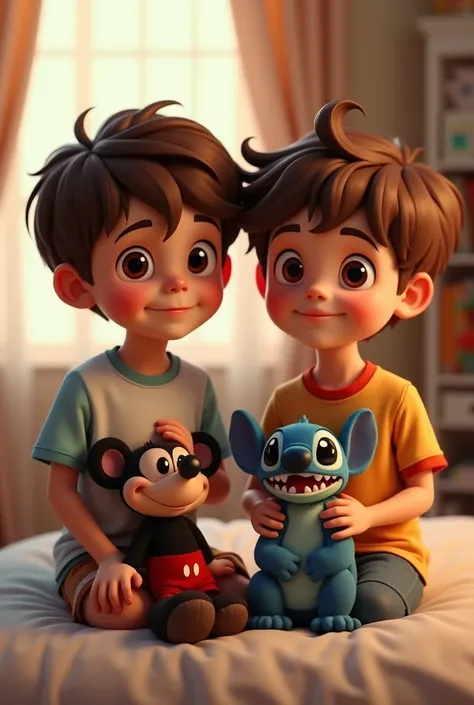  I need you to create an image  (In a Disney Pixair model ) of two boys (twins)  of brown hair aged 10 .  The image must have a first photo ,  from when they were 05 years old ,  when they won their heart toys at Disney . Um ganhou o Stitch e ou ganhou o B...