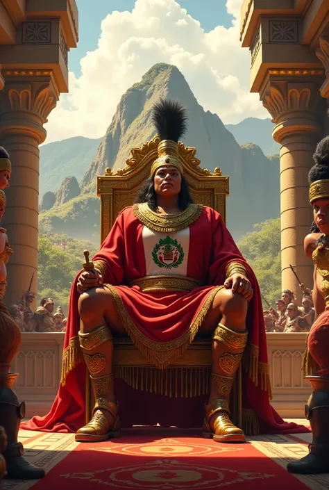 You have an Inka , strong and beautiful,  warrior with the flag of Peru in his hand sitting on a golden throne, in a castle with a balcony overlooking the sun and Machu Pichu in the background , with the chaos of its fighters,  animated 