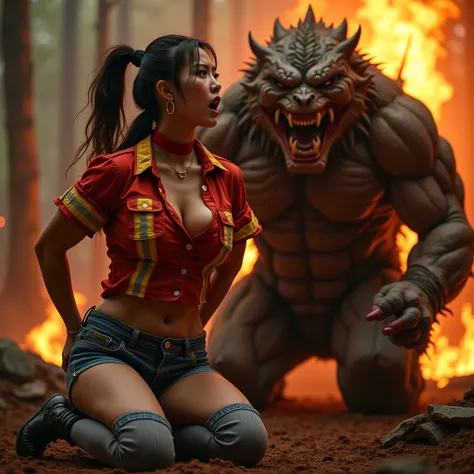 Beautiful asian woman, huge breasts, ponytail, cleavage showing, hard nipples, red & yellow sexy fire fighter button down top, red choker around neck, hoop earrings, denim tight hot pants, grey waffle pattern thigh high stockings, boots. Woman is kneeling ...