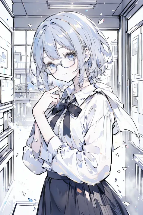 ((highest quality)), ((masterpiece)), ((detailed)), anime 1 girl, solo, gray short hair, blue eyes, looking at viewer, smile, closed mouth, upper body, simple bacground, office laday, wearing long sleeve shirt((white shirt only)), wearing black pencil skir...